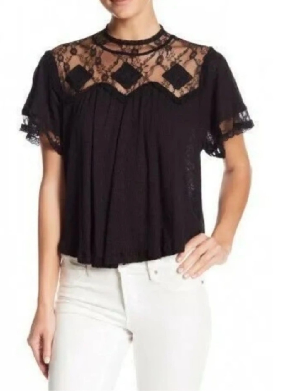 Free People | Black Lace Swing Crop Top | Size Small